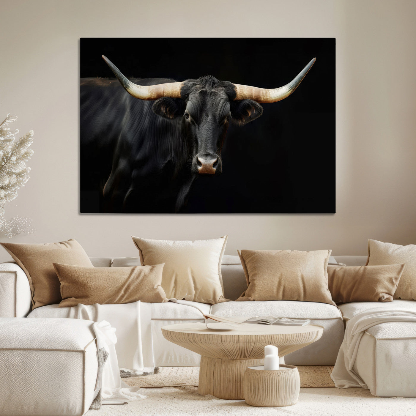 Texas Longhorn Cow | Majestic Black Bull Wall Art Canvas Print - Farmhouse Animal Decor - Ready to Hang