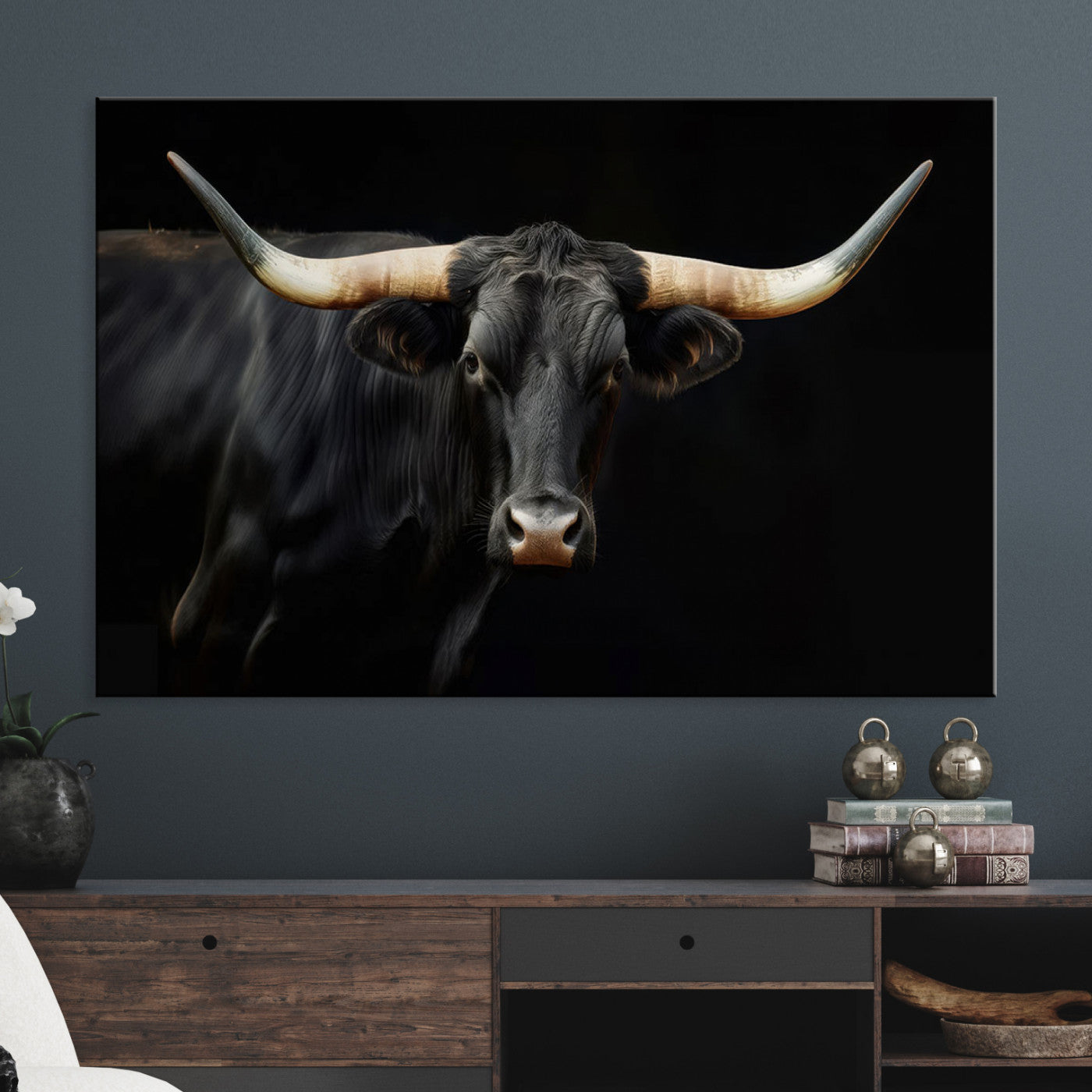 Texas Longhorn Cow | Majestic Black Bull Wall Art Canvas Print - Farmhouse Animal Decor - Ready to Hang