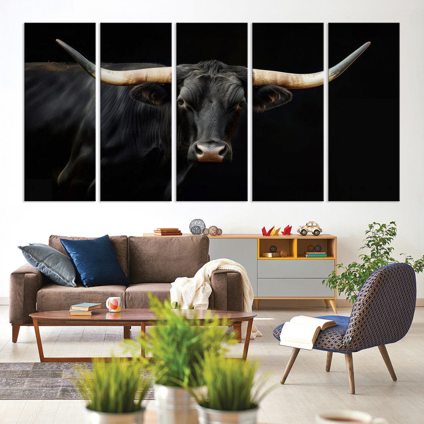 63798-MGV-CV-60X31-5P-Texas Longhorn Cow | Majestic Black Bull Wall Art Canvas Print - Farmhouse Animal Decor - Ready to Hang