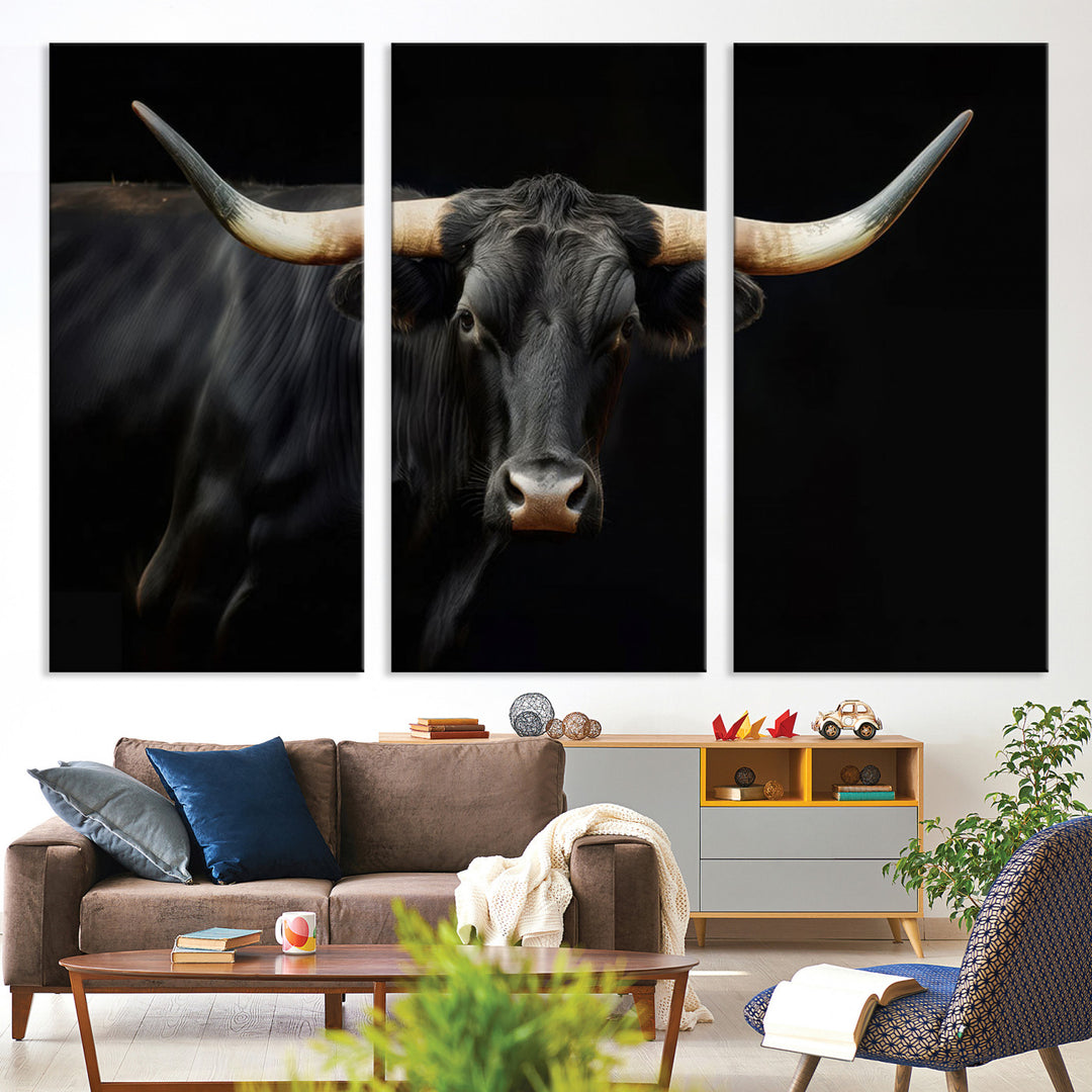 Texas Longhorn Cow | Majestic Black Bull Wall Art Canvas Print - Farmhouse Animal Decor - Ready to Hang