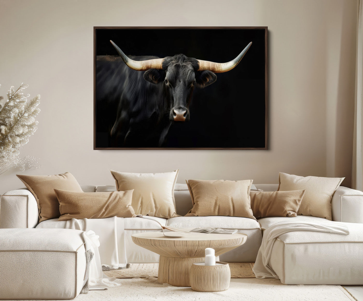 Texas Longhorn Cow | Majestic Black Bull Wall Art Canvas Print - Farmhouse Animal Decor - Ready to Hang
