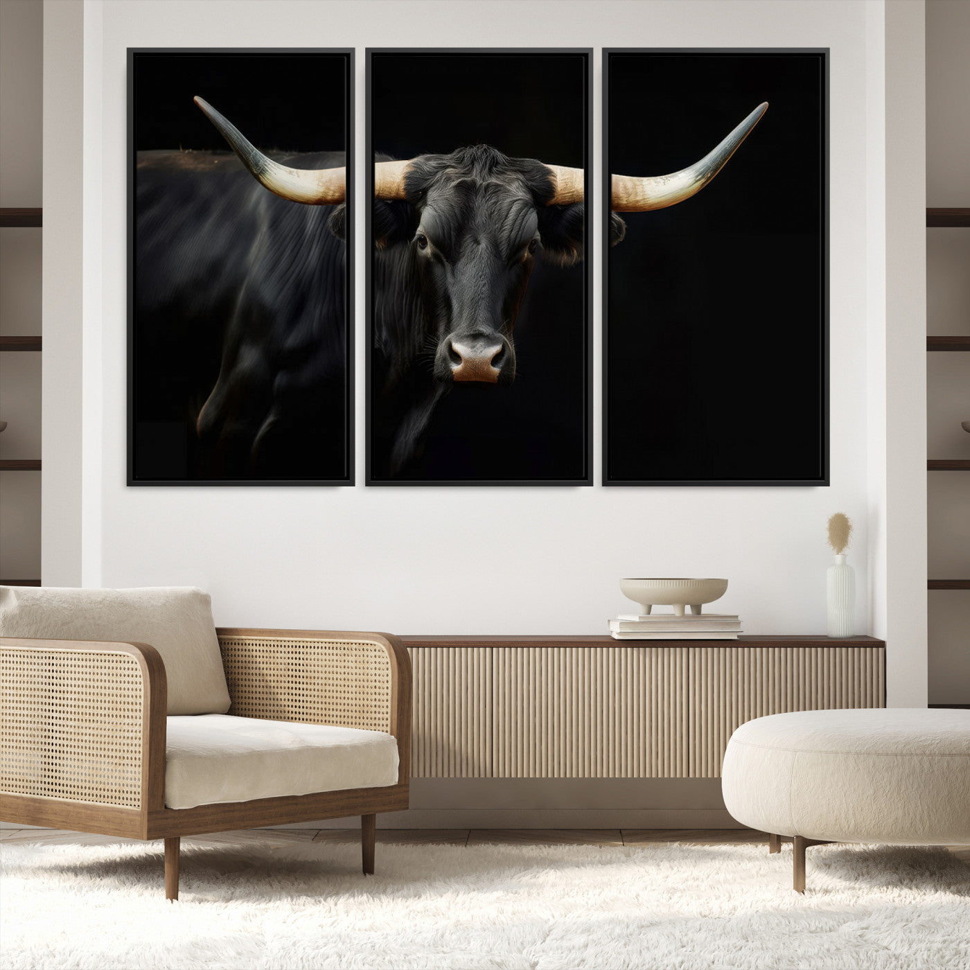 63798-MGV-FC-48X32-3P_Black-Texas Longhorn Cow | Majestic Black Bull Wall Art Canvas Print - Farmhouse Animal Decor - Ready to Hang