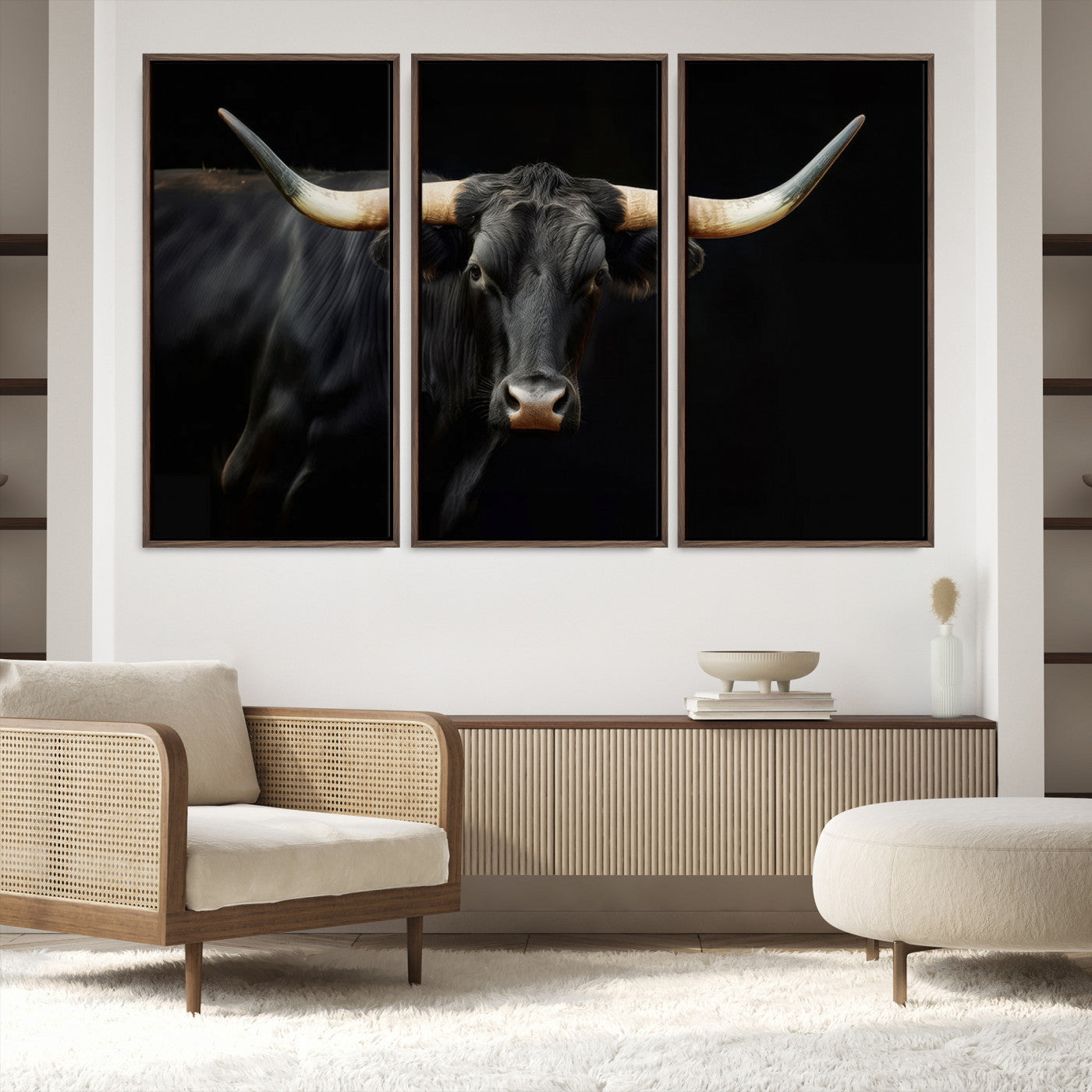 63798-MGV-FC-48X32-3P_Walnut-Texas Longhorn Cow | Majestic Black Bull Wall Art Canvas Print - Farmhouse Animal Decor - Ready to Hang