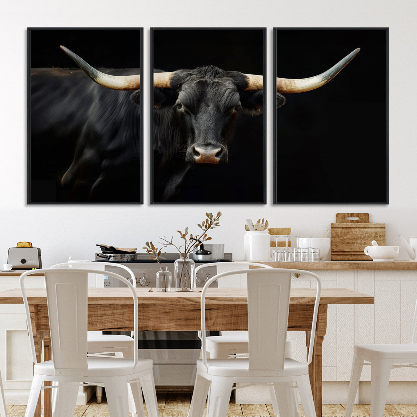 63798-MGV-FC-60X30-3P_Black-Texas Longhorn Cow | Majestic Black Bull Wall Art Canvas Print - Farmhouse Animal Decor - Ready to Hang