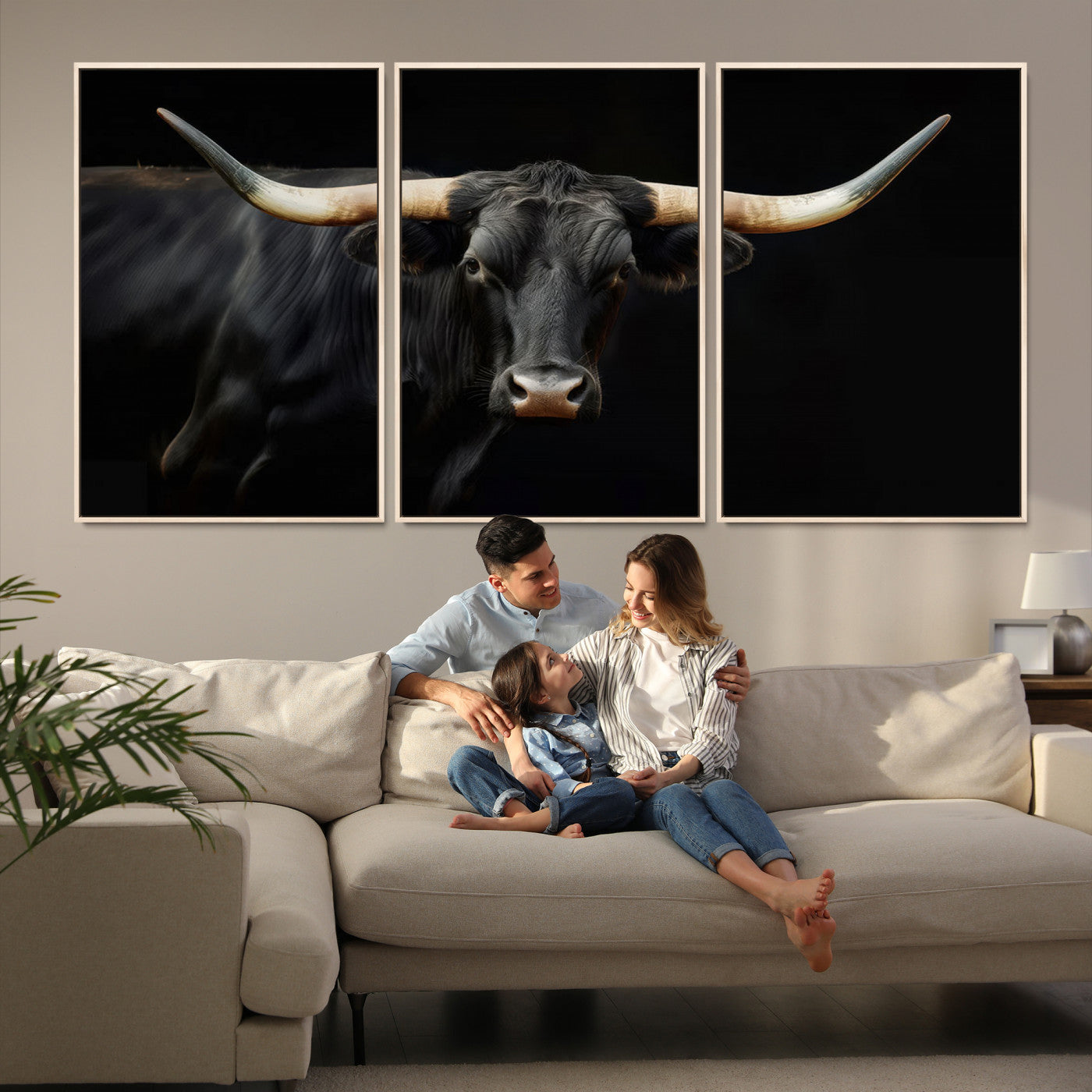 63798-MGV-FC-60X30-3P_Natural-Texas Longhorn Cow | Majestic Black Bull Wall Art Canvas Print - Farmhouse Animal Decor - Ready to Hang