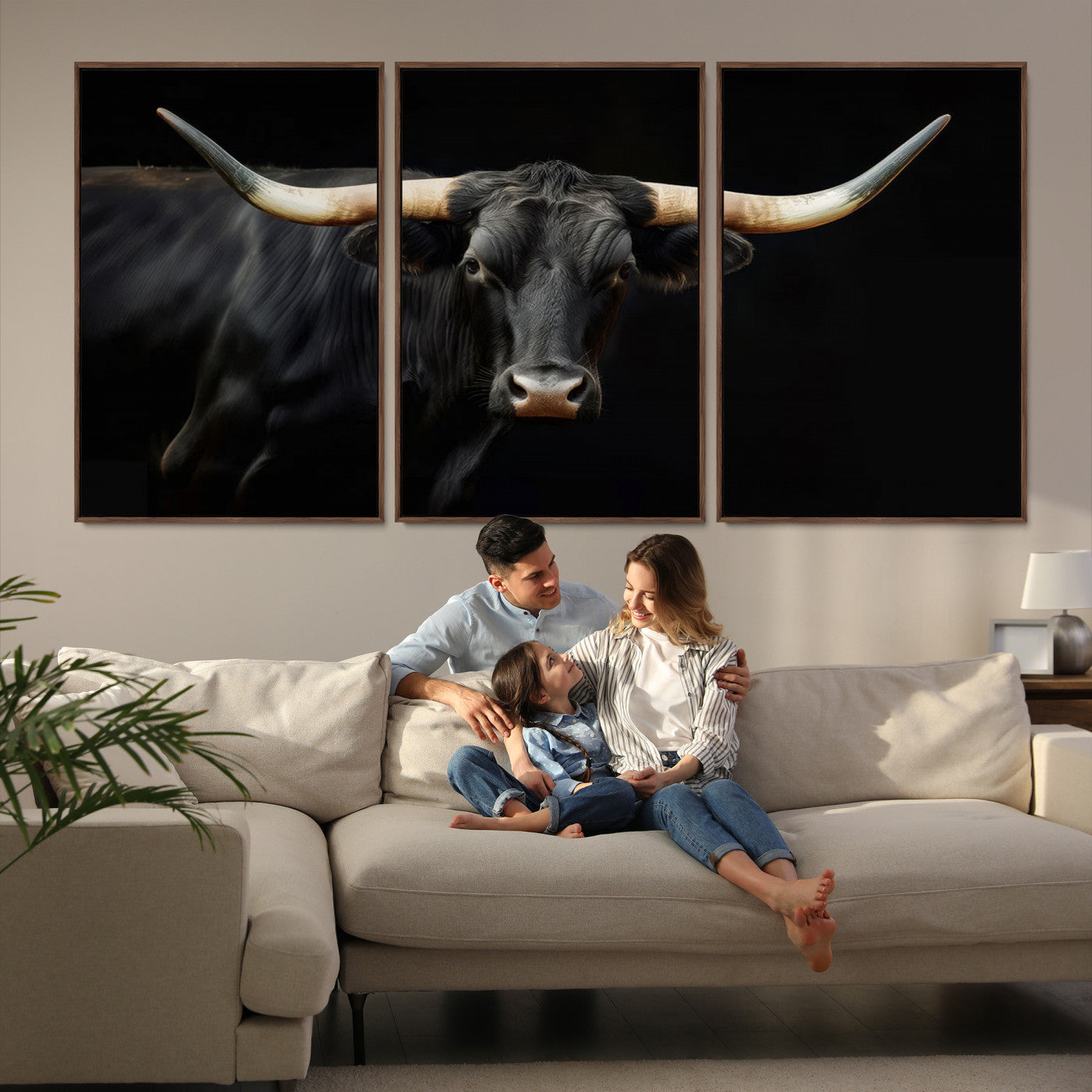 Texas Longhorn Cow | Majestic Black Bull Wall Art Canvas Print - Farmhouse Animal Decor - Ready to Hang