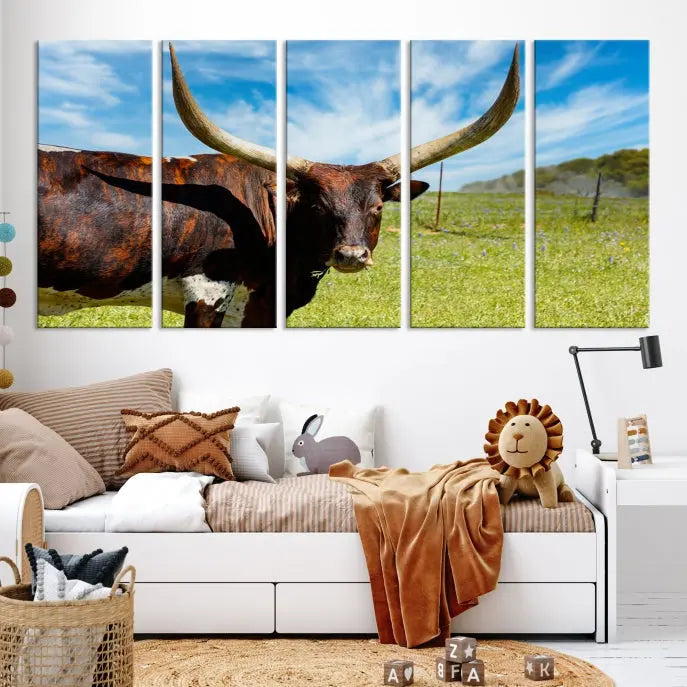 The Texas Longhorn Cow Wall Art Animal Canvas Print is a three-panel portrayal of a longhorn cow in a grassy field on museum-quality canvas with UV-protective coating.