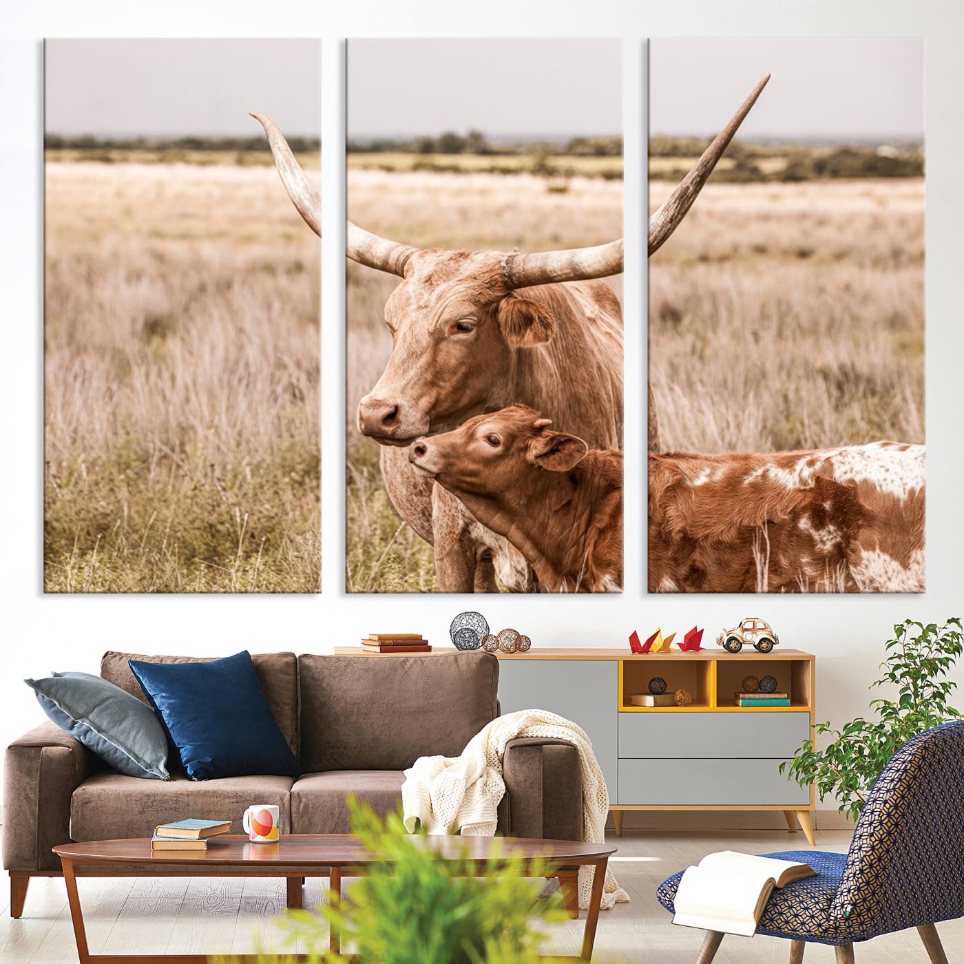 60320-MGV-CV-36X24-Texas Longhorn Cow Wall Art Canvas Print for Farmhouse Wall Art, Texas Decor, Western Wall Art Print