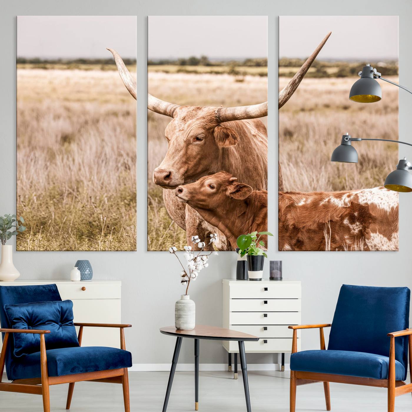 60320-MGV-CV-36X24-Texas Longhorn Cow Wall Art Canvas Print for Farmhouse Wall Art, Texas Decor, Western Wall Art Print