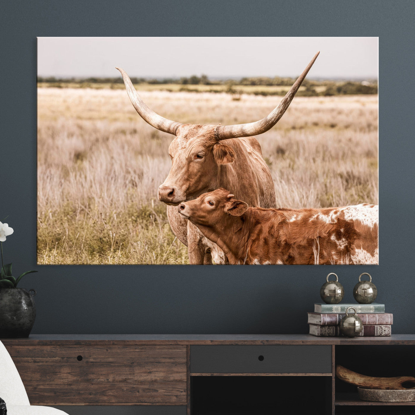 60320-MGV-CV-36X24-Texas Longhorn Cow Wall Art Canvas Print for Farmhouse Wall Art, Texas Decor, Western Wall Art Print