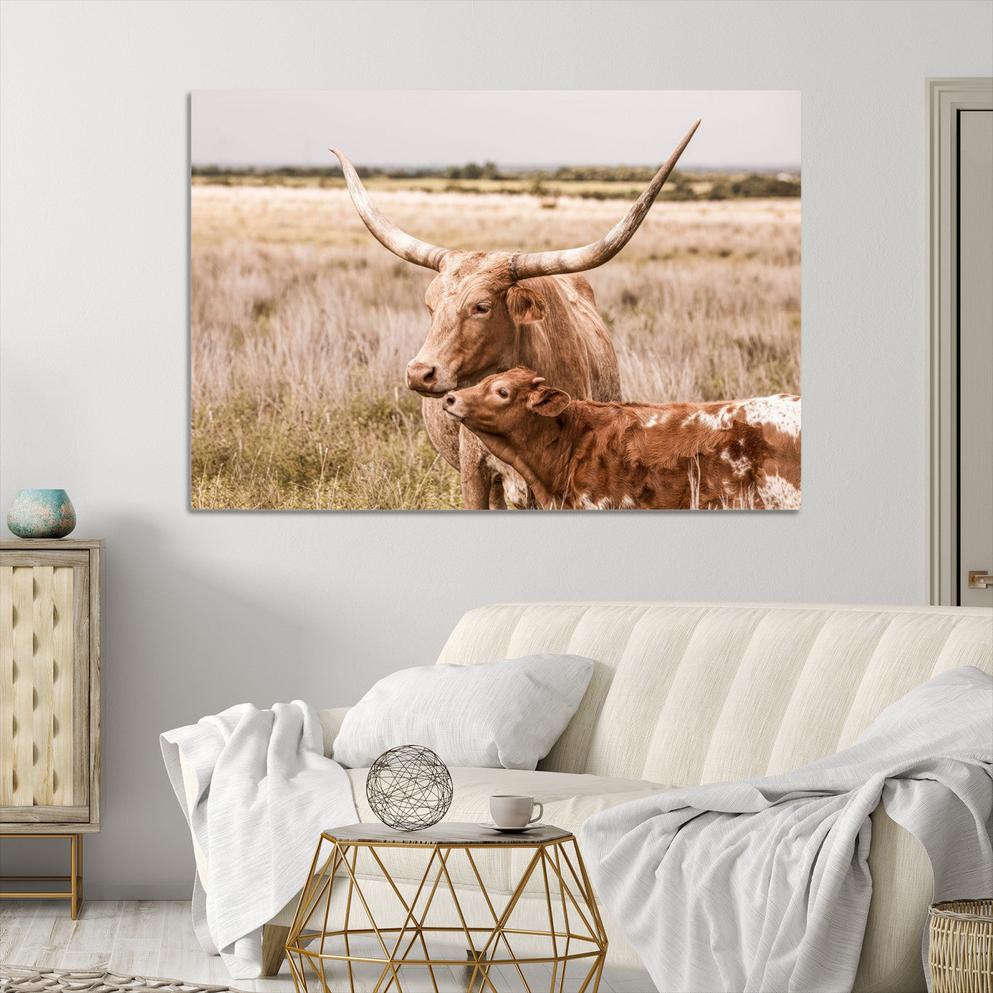 60320-MGV-CV-36X24-Texas Longhorn Cow Wall Art Canvas Print for Farmhouse Wall Art, Texas Decor, Western Wall Art Print