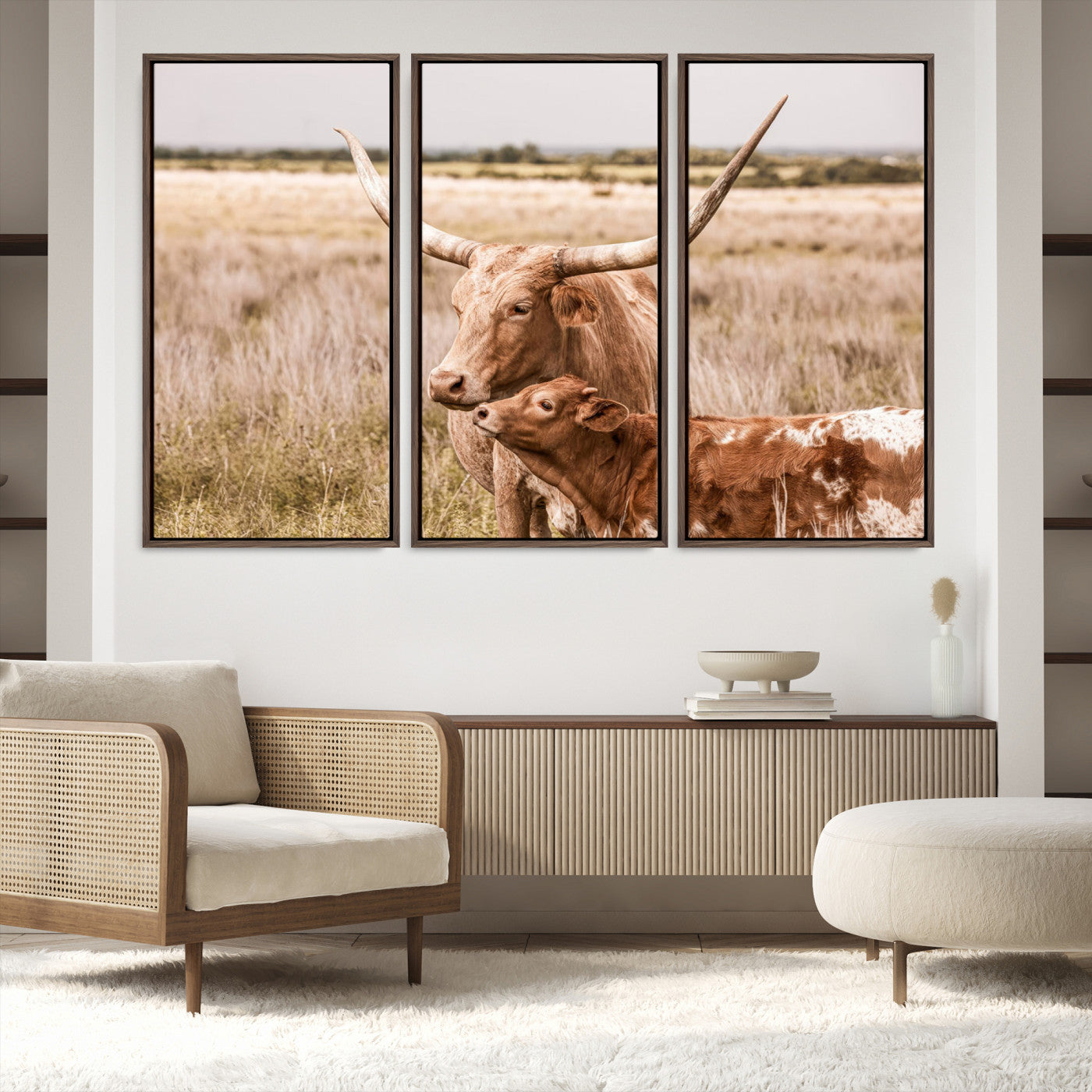 60320-MGV-FC-60X40-3P_Walnut-Texas Longhorn Cow Wall Art Canvas Print for Farmhouse Wall Art, Texas Decor, Western Wall Art Print