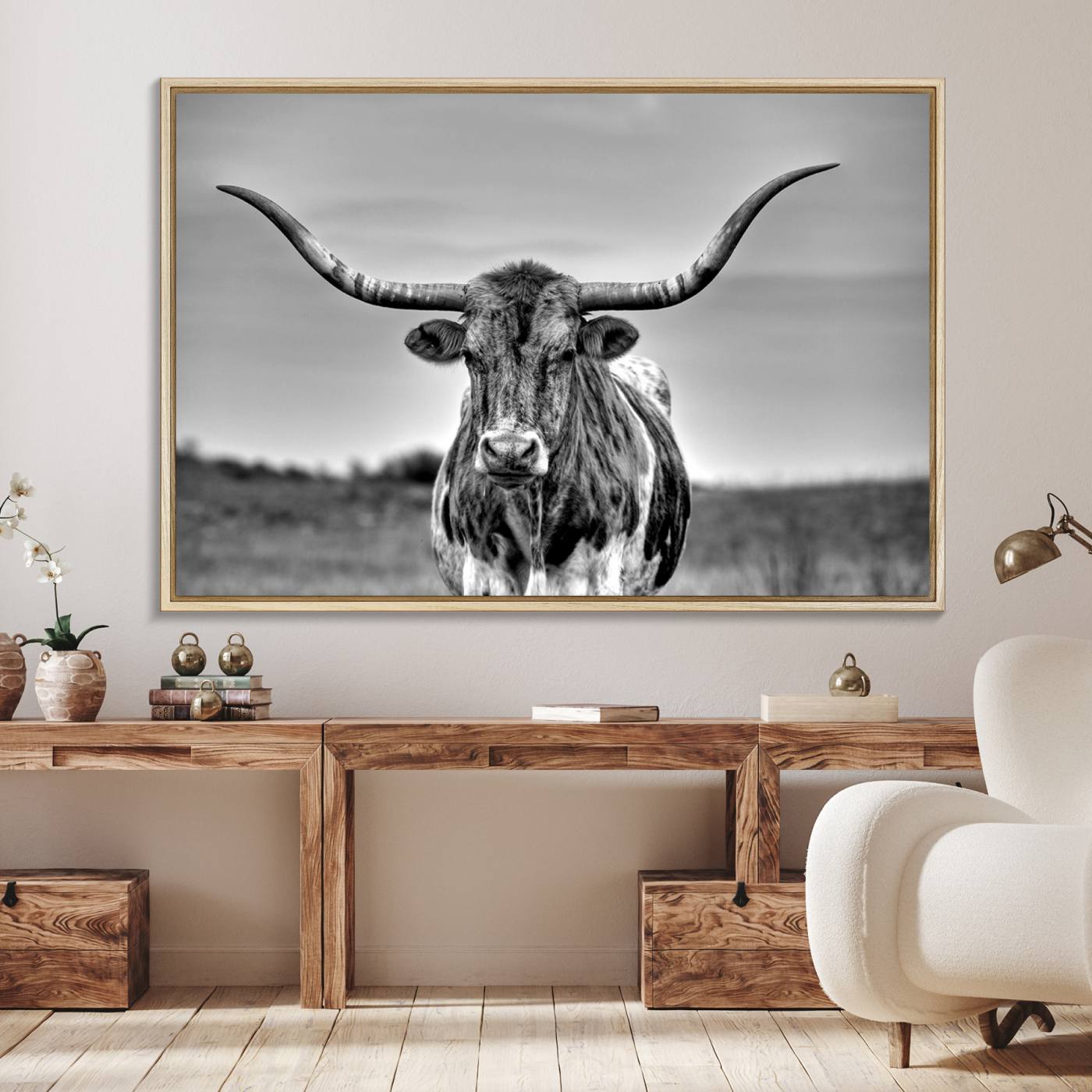 70836-MGV-FC-36X24_Natural-Texas Longhorn Cow Wall Art, Texas Longhorn Canvas, Cattle Canvas Print