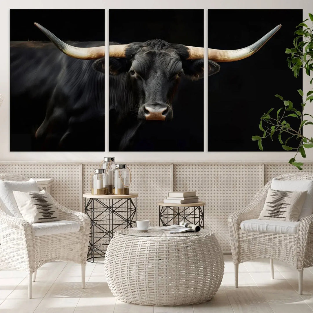 The "Texas Longhorn Cow | Majestic Black Bull Wall Art Canvas Print" introduces rustic charm to a chic sitting area.