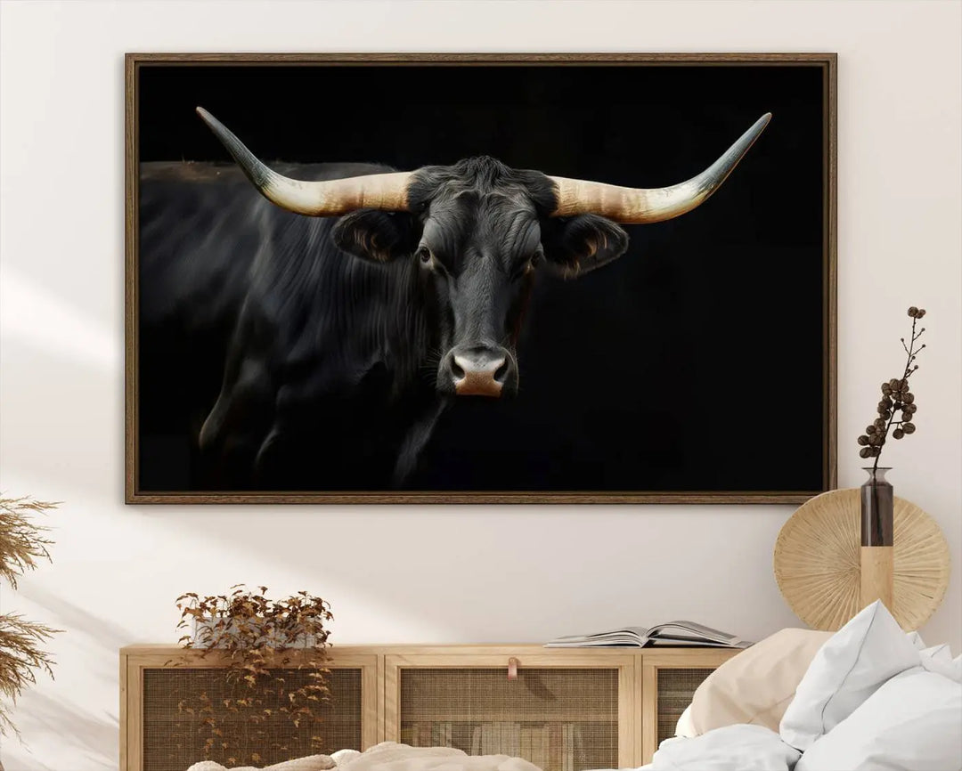 The "Texas Longhorn Cow | Majestic Black Bull Wall Art Canvas Print" introduces rustic charm to a chic sitting area.