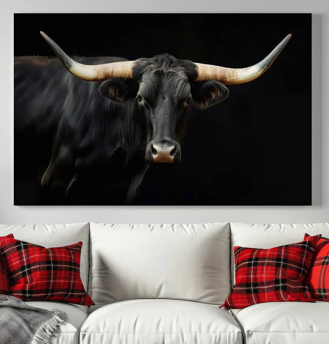 The "Texas Longhorn Cow | Majestic Black Bull Wall Art Canvas Print" introduces rustic charm to a chic sitting area.