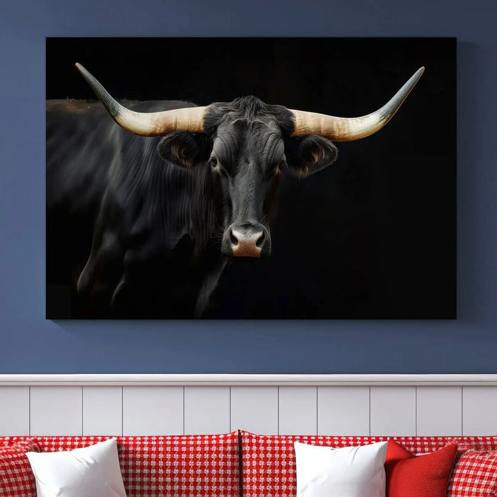 The living room exudes rustic charm with the Majestic Black Bull Wall Art Canvas Print, showcasing a Texas Longhorn cow with large horns.