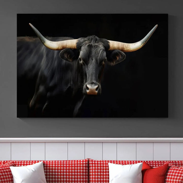 The living room exudes rustic charm with the Majestic Black Bull Wall Art Canvas Print, showcasing a Texas Longhorn cow with large horns.