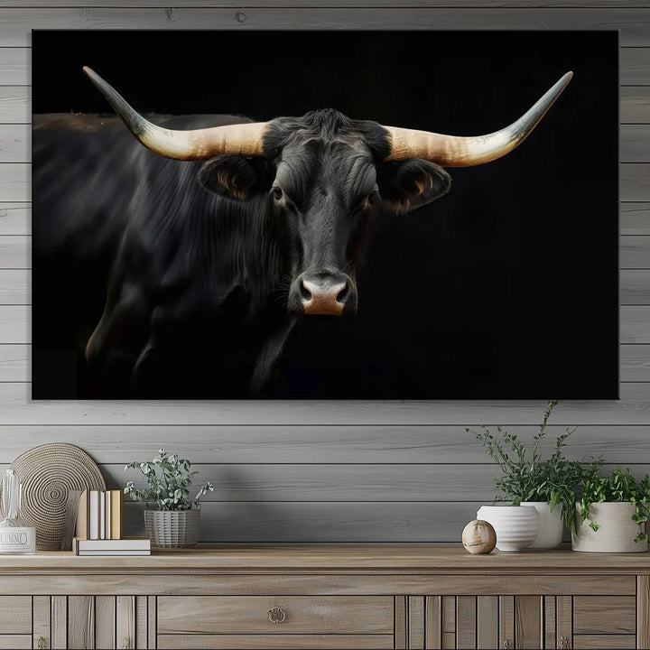 The "Texas Longhorn Cow | Majestic Black Bull Wall Art Canvas Print" introduces rustic charm to a chic sitting area.