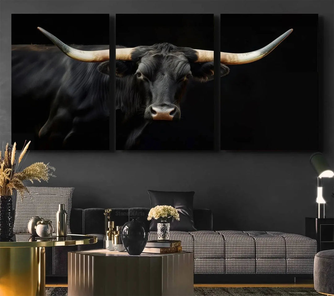 The living room exudes rustic charm with the Majestic Black Bull Wall Art Canvas Print, showcasing a Texas Longhorn cow with large horns.