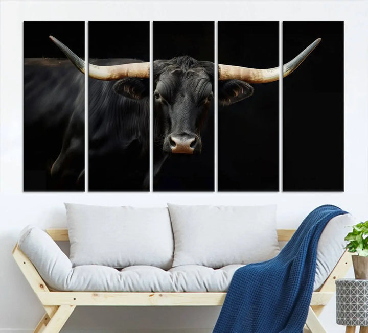 The "Texas Longhorn Cow | Majestic Black Bull Wall Art Canvas Print" introduces rustic charm to a chic sitting area.