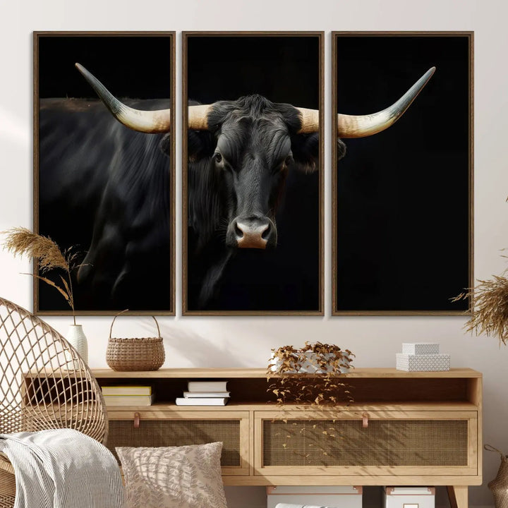 The "Texas Longhorn Cow | Majestic Black Bull Wall Art Canvas Print" introduces rustic charm to a chic sitting area.