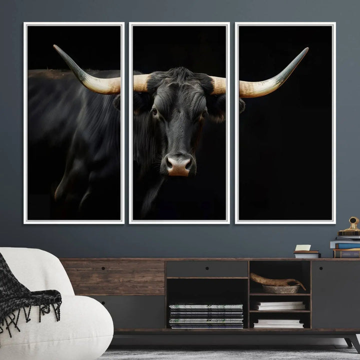 The "Texas Longhorn Cow | Majestic Black Bull Wall Art Canvas Print" introduces rustic charm to a chic sitting area.