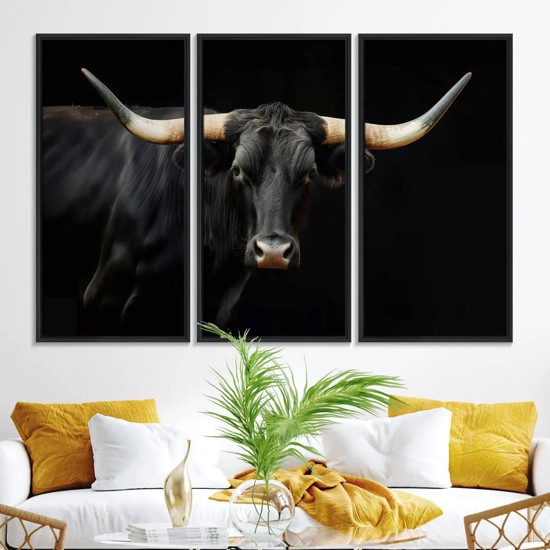 The "Texas Longhorn Cow | Majestic Black Bull Wall Art Canvas Print" introduces rustic charm to a chic sitting area.