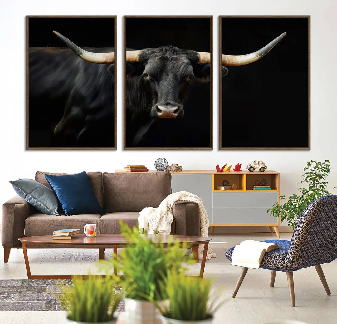 The "Texas Longhorn Cow | Majestic Black Bull Wall Art Canvas Print" introduces rustic charm to a chic sitting area.