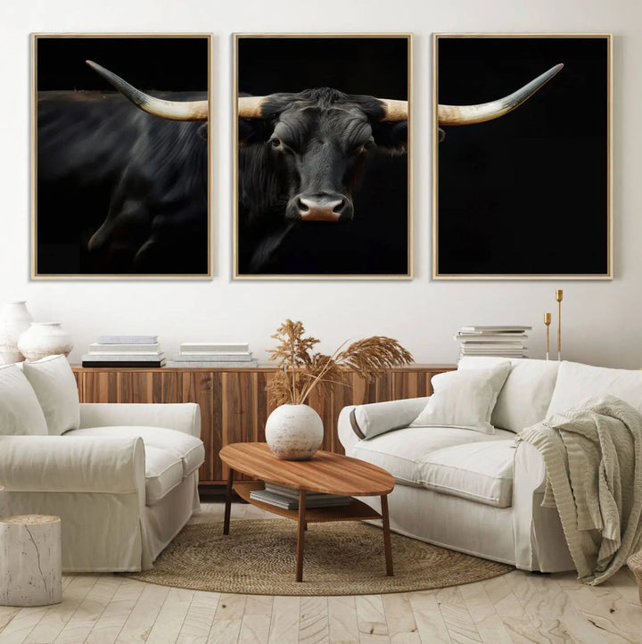 The "Texas Longhorn Cow | Majestic Black Bull Wall Art Canvas Print" introduces rustic charm to a chic sitting area.