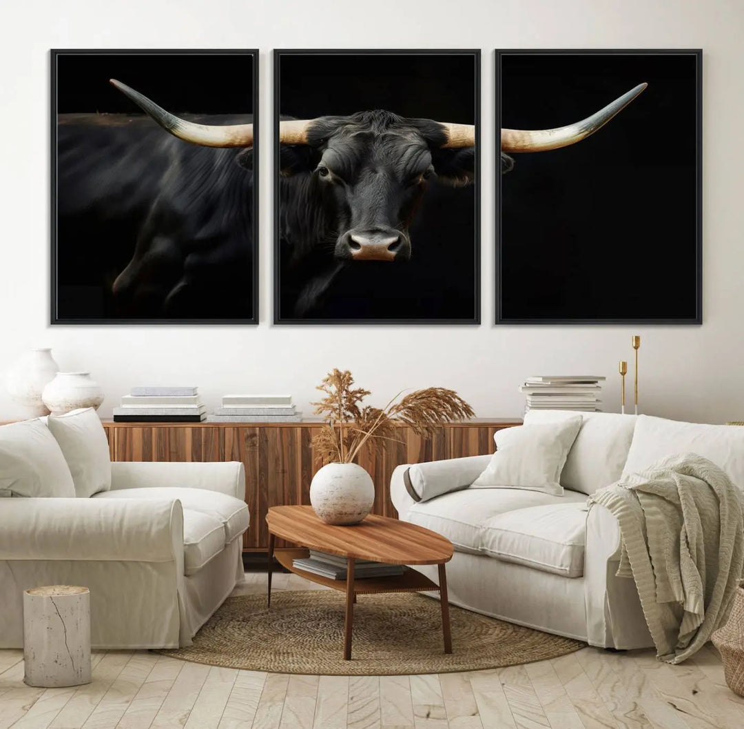 The "Texas Longhorn Cow | Majestic Black Bull Wall Art Canvas Print" introduces rustic charm to a chic sitting area.