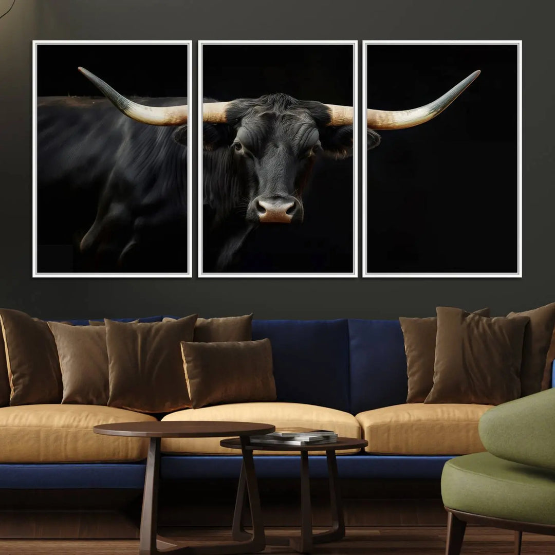 The "Texas Longhorn Cow | Majestic Black Bull Wall Art Canvas Print" introduces rustic charm to a chic sitting area.