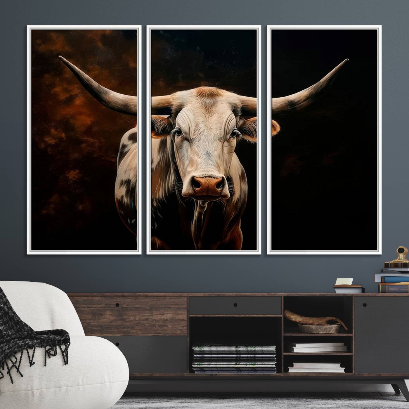 70522-MGV-FC-48X32-3P_White-Texas Longhorn Wall Art | 3-Panel Large Texas Longhorn Canvas Print for Living Room, Office, or Farmhouse Decor | Framed Giclee Longhorn