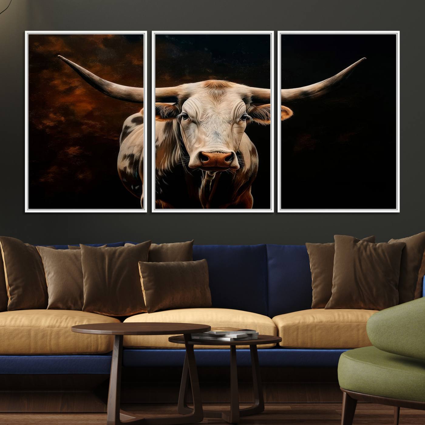 70522-MGV-FC-60X30-3P_White-Texas Longhorn Wall Art | 3-Panel Large Texas Longhorn Canvas Print for Living Room, Office, or Farmhouse Decor | Framed Giclee Longhorn