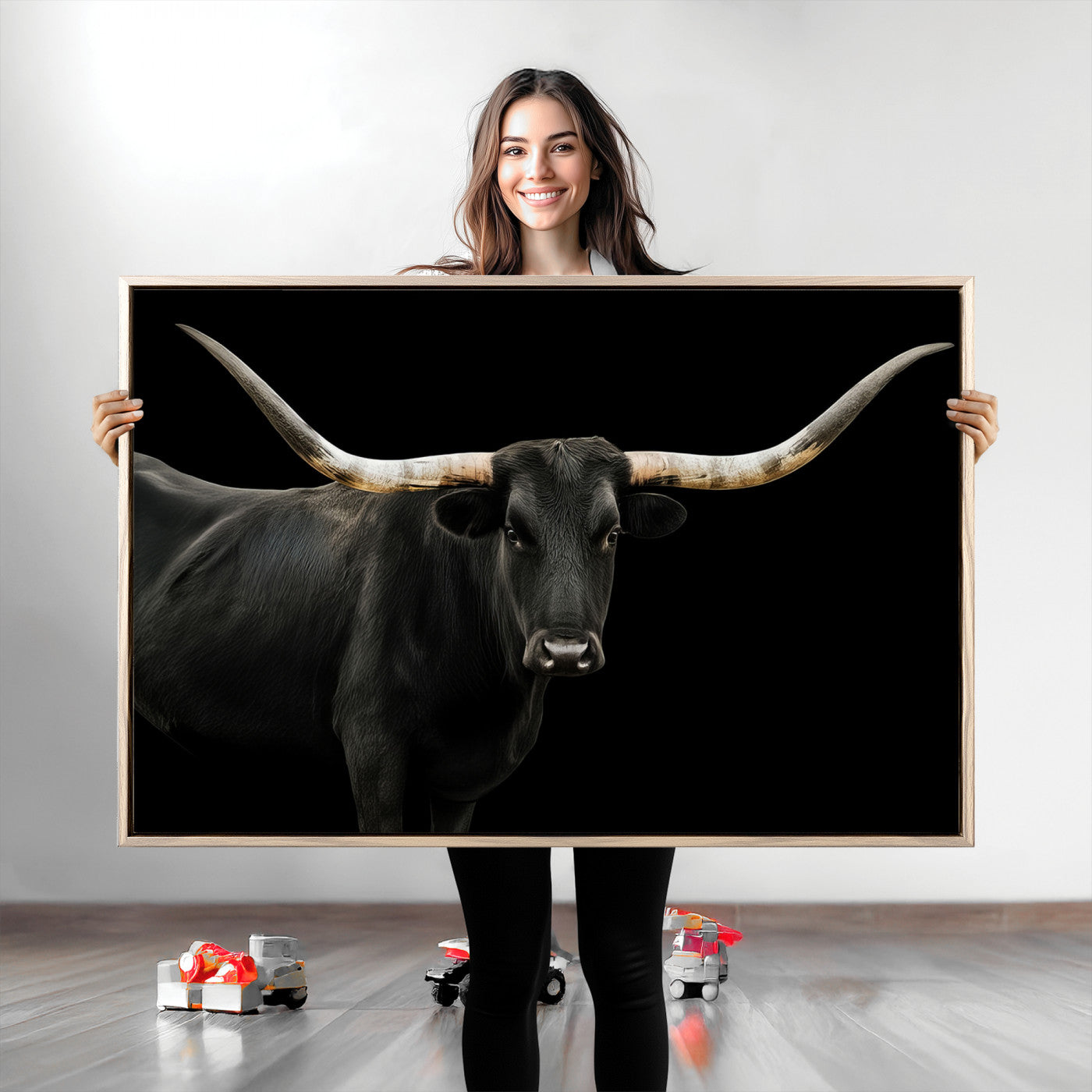 Texas Longhorn Wall Art Canvas Print, Framed Rustic Western Art Picture Print, Farmhouse Animal Perfect Modern Western Minimalist Decor