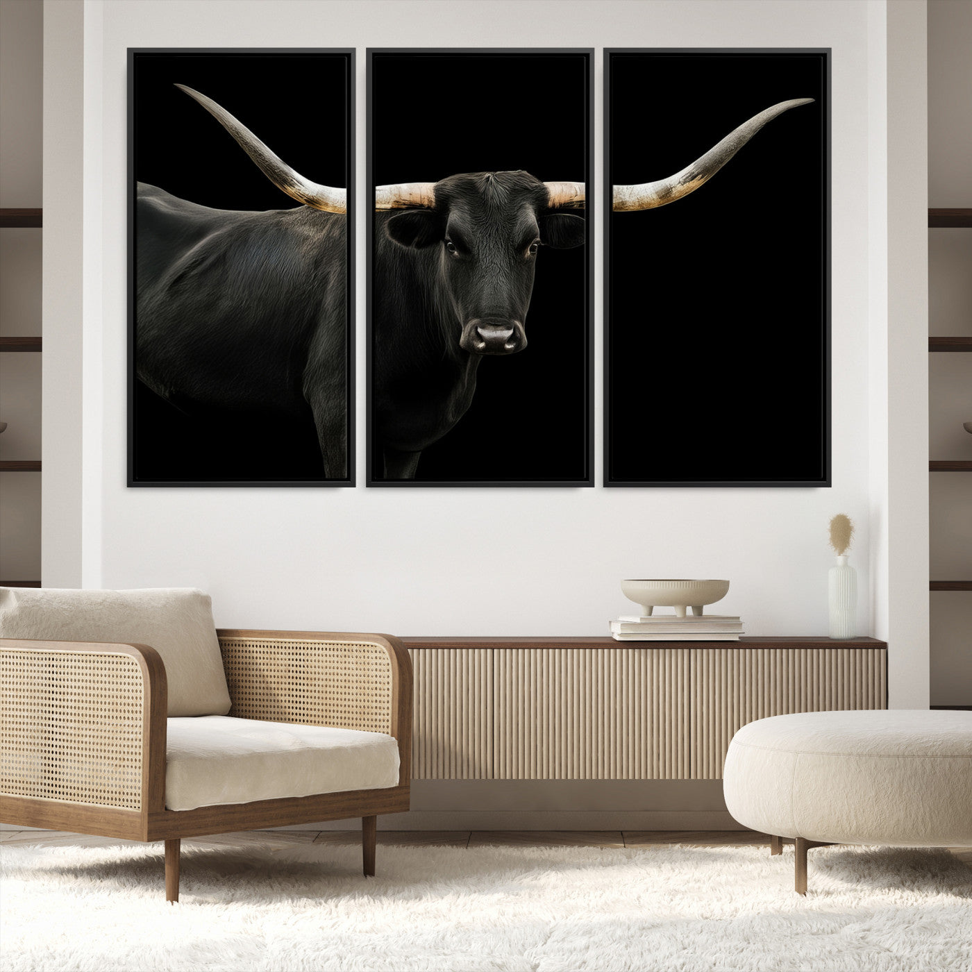 23572907-MGV-FC-48X32-3P_Black-Texas Longhorn Wall Art Canvas Print, Framed Rustic Western Art Picture Print, Farmhouse Animal Perfect Modern Western Minimalist Decor