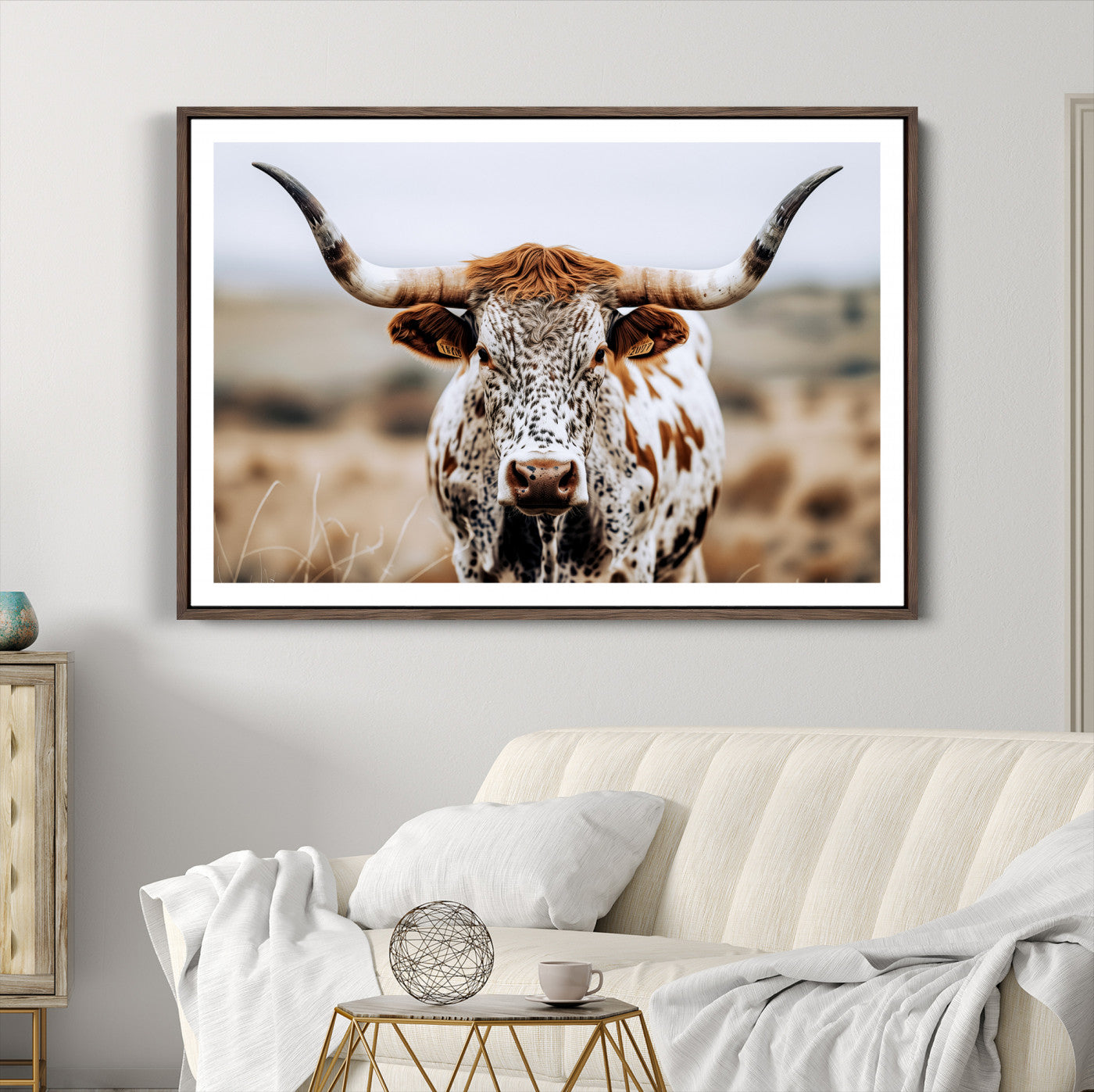 76294381-MGC-FP-36x24_Walnut-Texas Longhorn Wall Art Canvas Print, Framed Spotted Cow Art Picture Print, Horned Cattle Perfect Rustic Western Decor Artwork