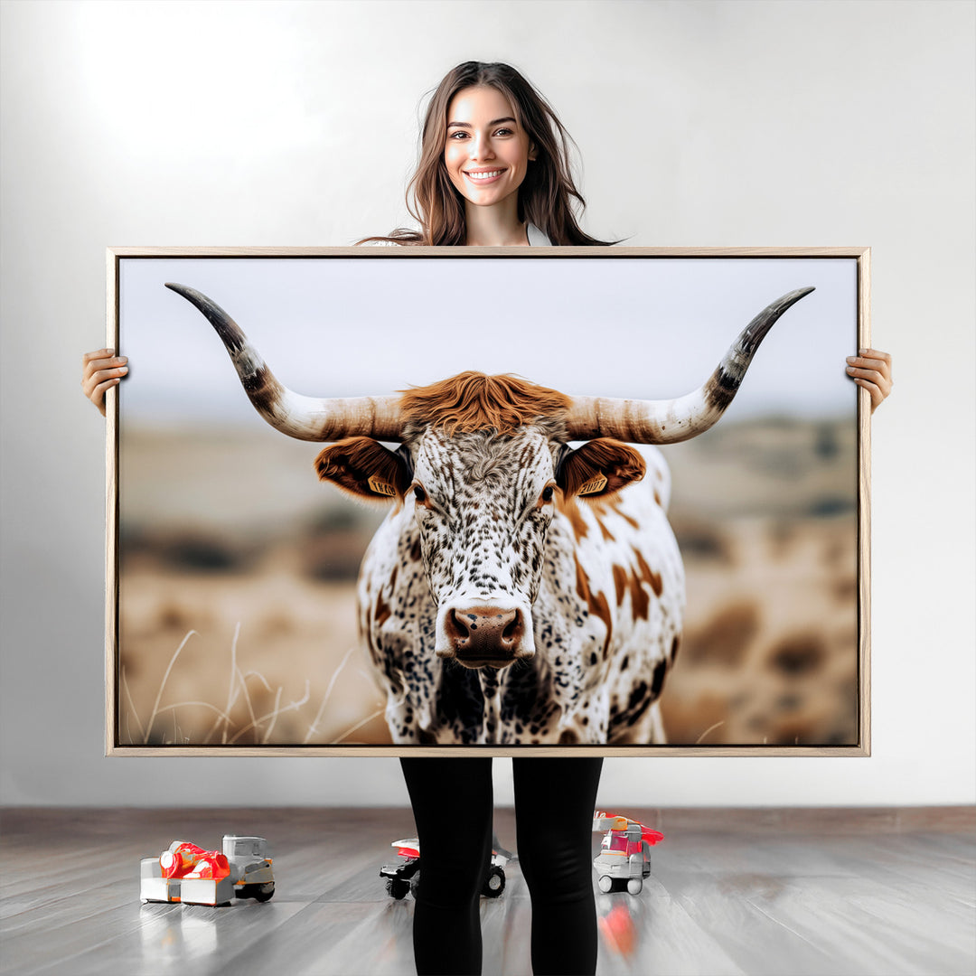 Texas Longhorn Wall Art Canvas Print, Framed Spotted Cow Art Picture Print, Horned Cattle Perfect Rustic Western Decor Artwork