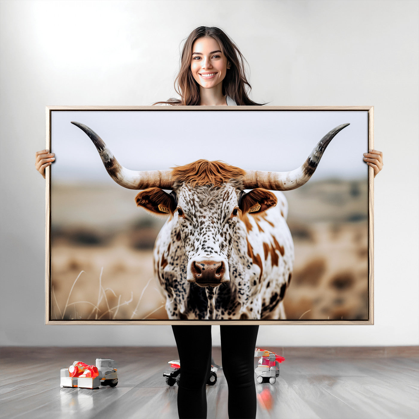 76294381-MGV-CV-36X24-Texas Longhorn Wall Art Canvas Print, Framed Spotted Cow Art Picture Print, Horned Cattle Perfect Rustic Western Decor Artwork