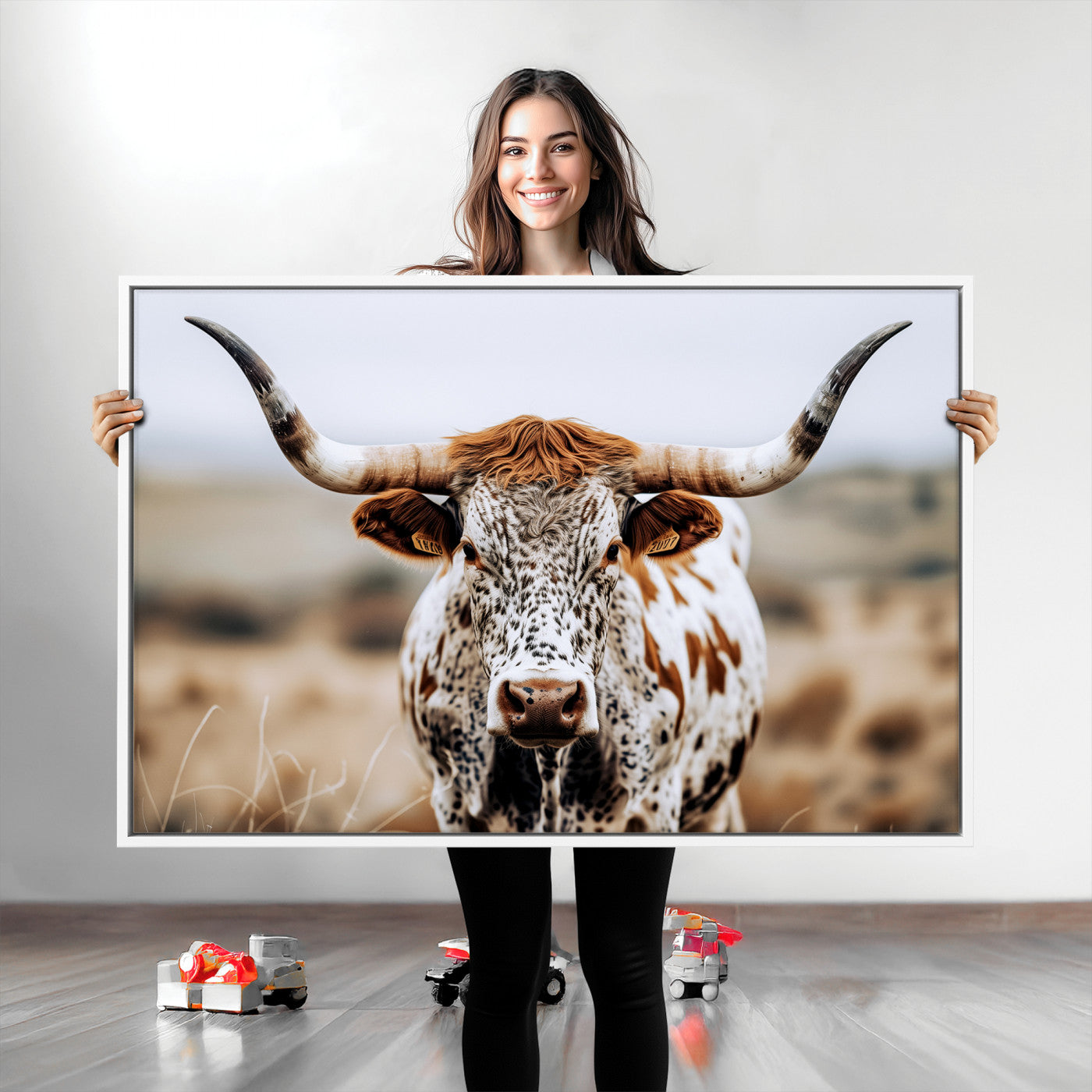 76294381-MGV-CV-36X24-Texas Longhorn Wall Art Canvas Print, Framed Spotted Cow Art Picture Print, Horned Cattle Perfect Rustic Western Decor Artwork