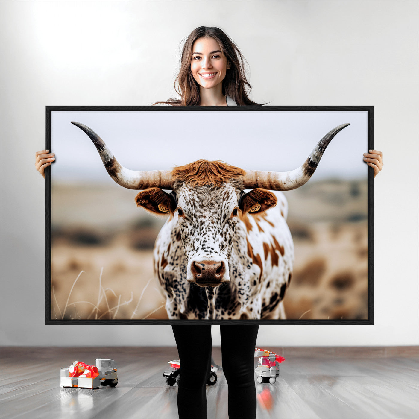 76294381-MGV-CV-36X24-Texas Longhorn Wall Art Canvas Print, Framed Spotted Cow Art Picture Print, Horned Cattle Perfect Rustic Western Decor Artwork