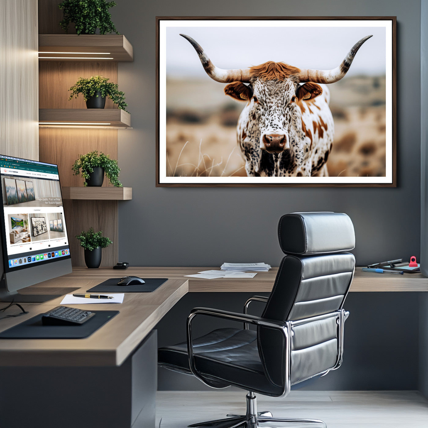 76294381-MGV-CV-36X24-Texas Longhorn Wall Art Canvas Print, Framed Spotted Cow Art Picture Print, Horned Cattle Perfect Rustic Western Decor Artwork