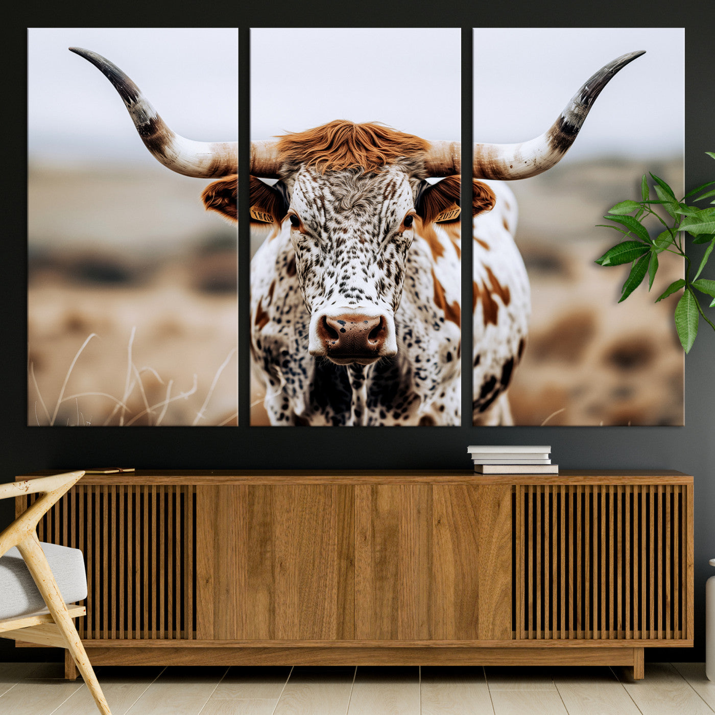 76294381-MGV-CV-36X24-Texas Longhorn Wall Art Canvas Print, Framed Spotted Cow Art Picture Print, Horned Cattle Perfect Rustic Western Decor Artwork