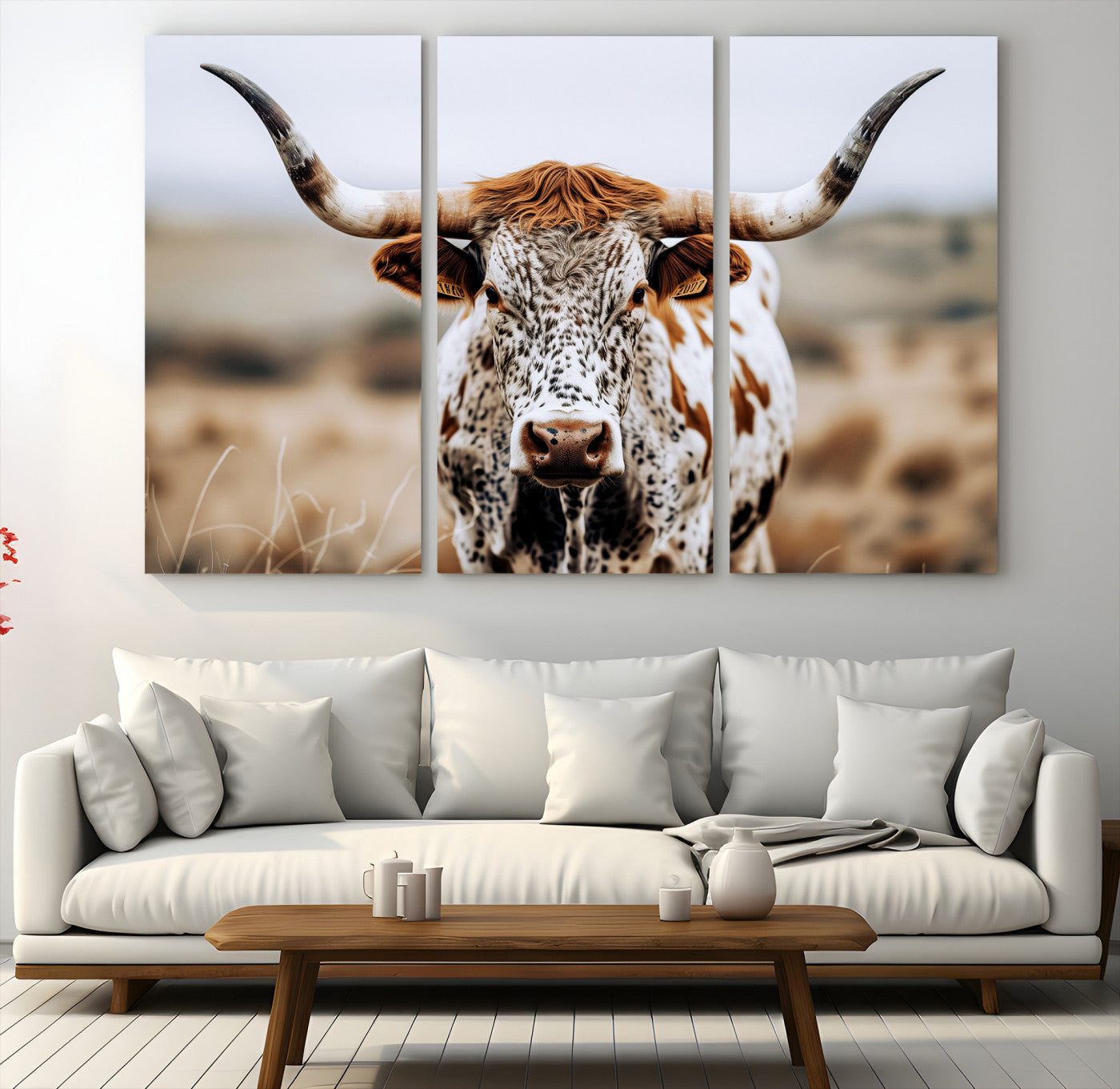 76294381-MGV-CV-48X32-3P-Texas Longhorn Wall Art Canvas Print, Framed Spotted Cow Art Picture Print, Horned Cattle Perfect Rustic Western Decor Artwork