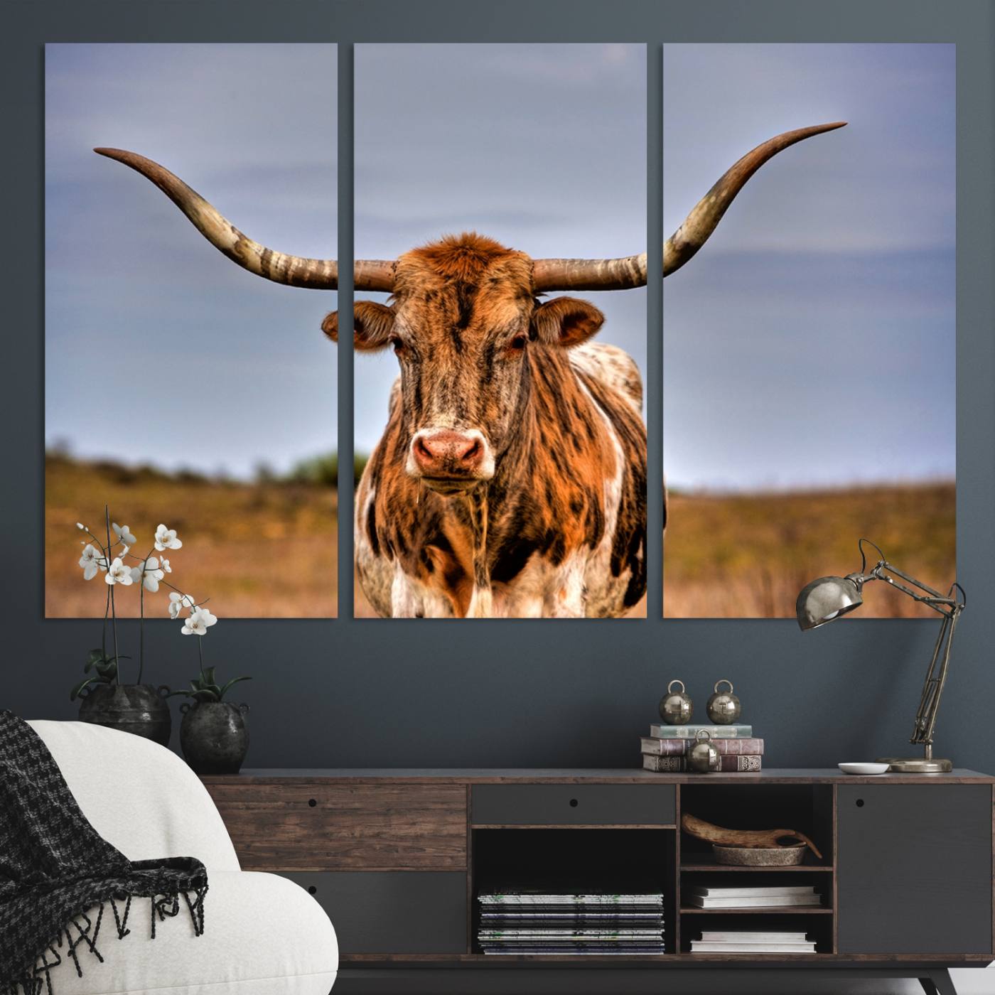 18594-MGV-CV-48X32-3P-Texas Longhorn Wall Art Print, Framed Longhorn Cow Wall Art
