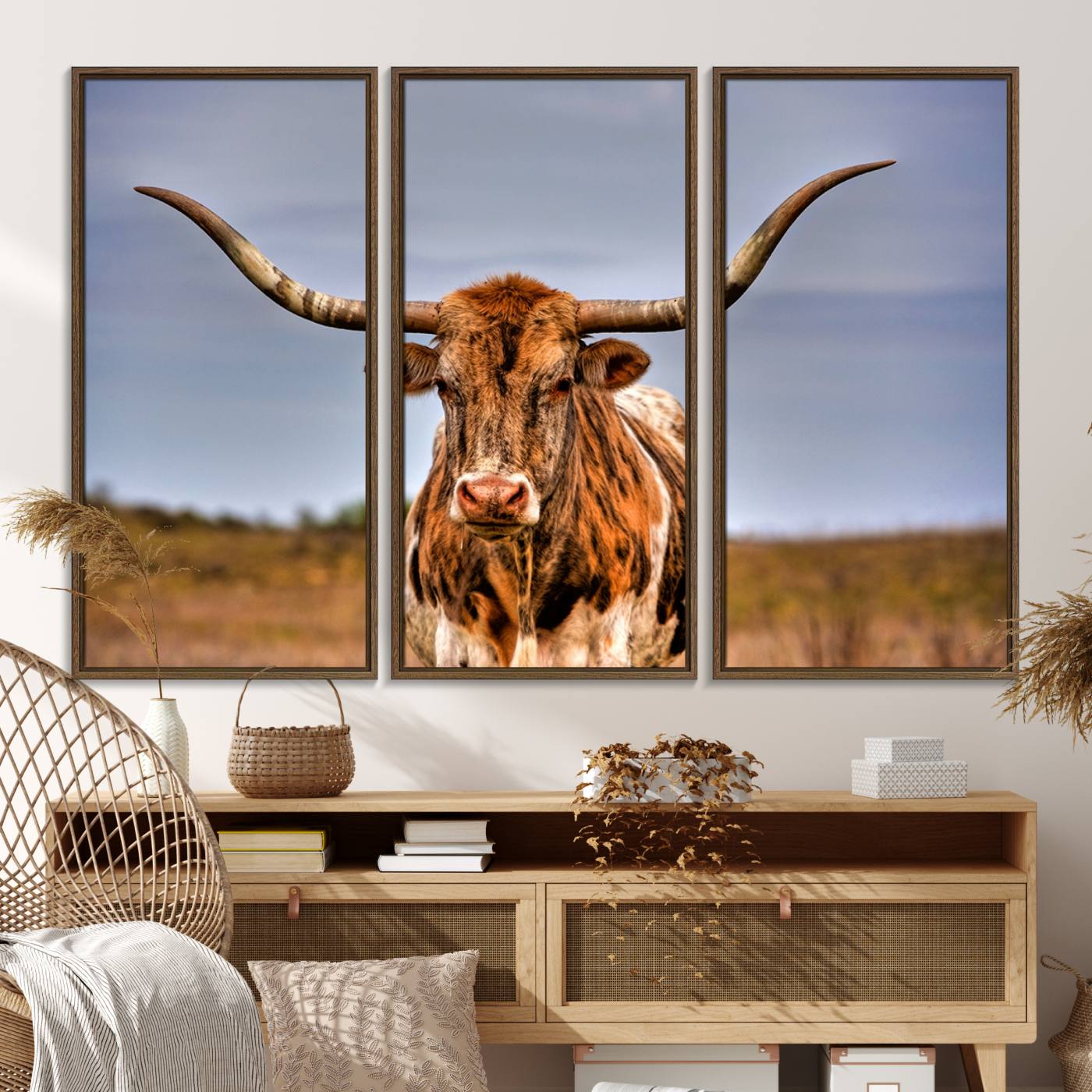 18594-MGV-FC-48X32-3P_Walnut-Texas Longhorn Wall Art Print, Framed Longhorn Cow Wall Art
