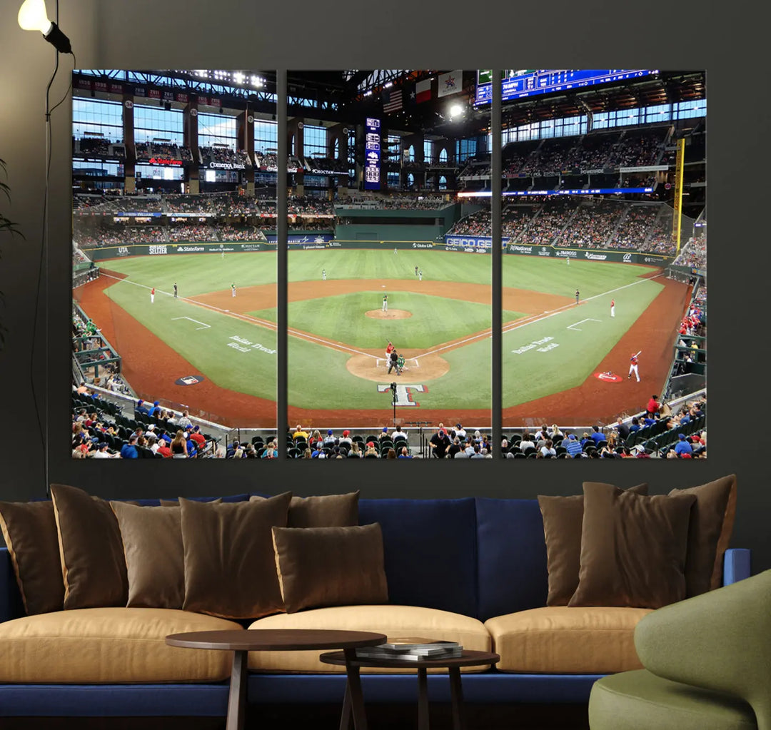 A gallery-wrapped triptych canvas of the Texas Rangers baseball team at Arlington Globe Life Field, boasting museum-quality detail and high-resolution printing.