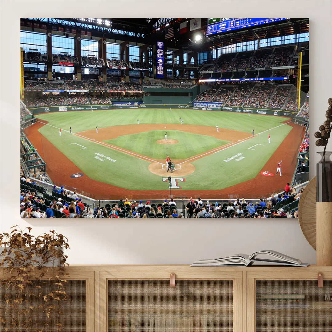 A gallery-wrapped triptych canvas of the Texas Rangers baseball team at Arlington Globe Life Field, boasting museum-quality detail and high-resolution printing.