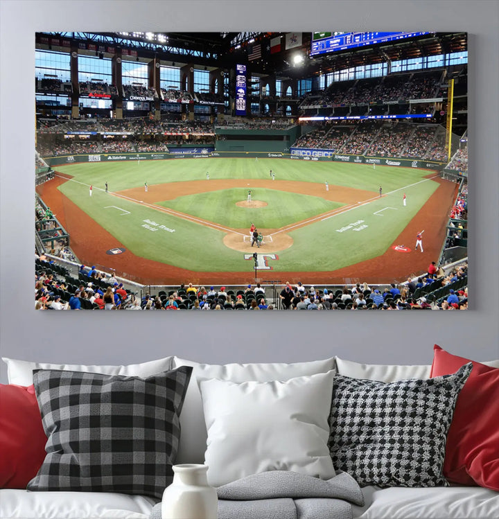 A gallery-wrapped triptych canvas of the Texas Rangers baseball team at Arlington Globe Life Field, boasting museum-quality detail and high-resolution printing.