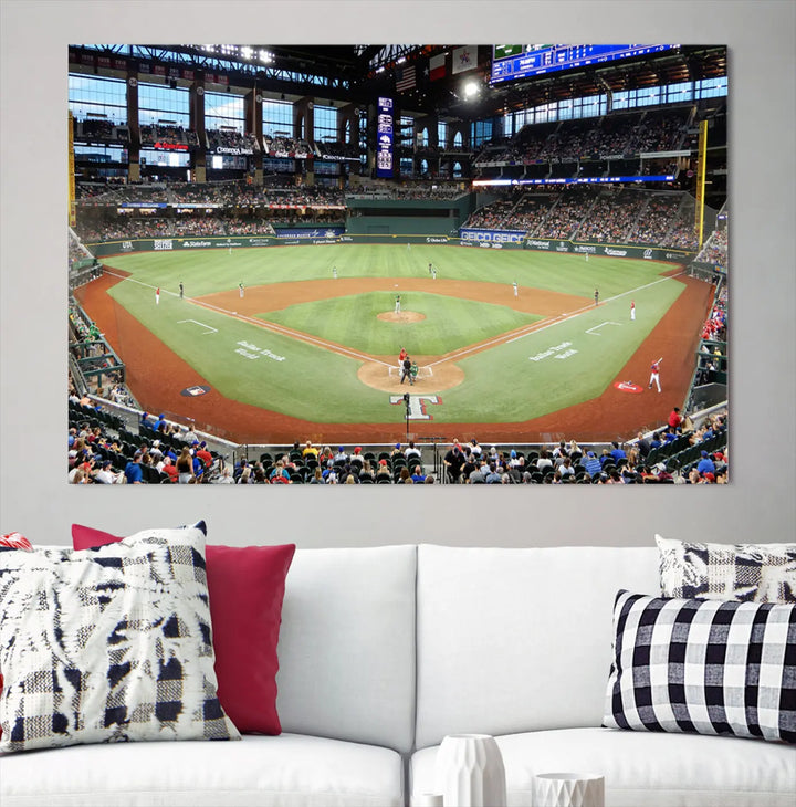 A gallery-wrapped triptych canvas of the Texas Rangers baseball team at Arlington Globe Life Field, boasting museum-quality detail and high-resolution printing.